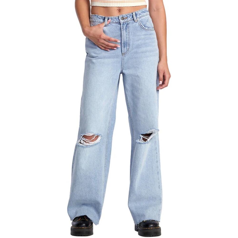 RVCA Denim Light Wash Relaxed Fit Distressed Ripped Mid Rise Baggy Jeans 28